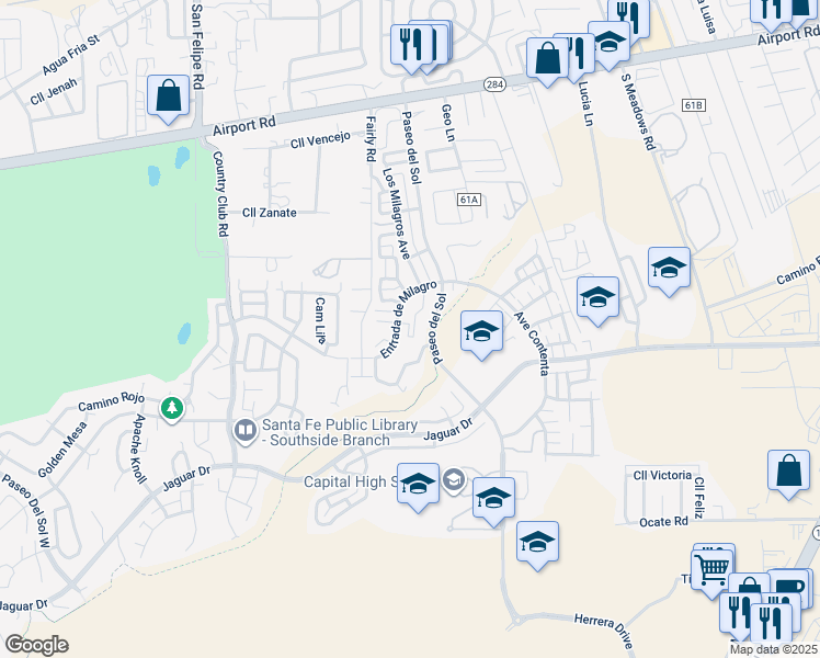 map of restaurants, bars, coffee shops, grocery stores, and more near 6332 Entrada de Milagro in Santa Fe