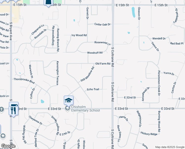 map of restaurants, bars, coffee shops, grocery stores, and more near 2600 Still Meadow Road in Edmond