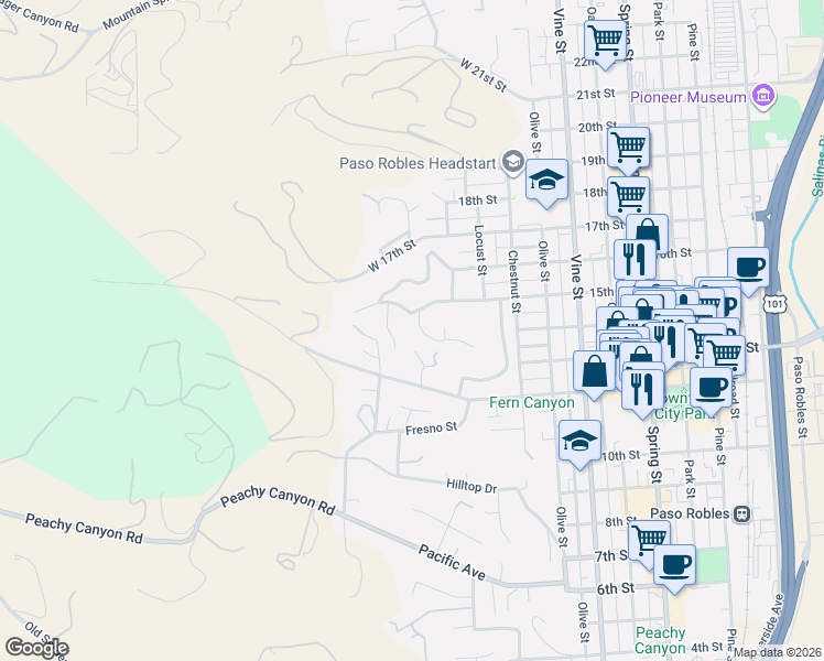 map of restaurants, bars, coffee shops, grocery stores, and more near 66 Terrace Hill Drive in Paso Robles