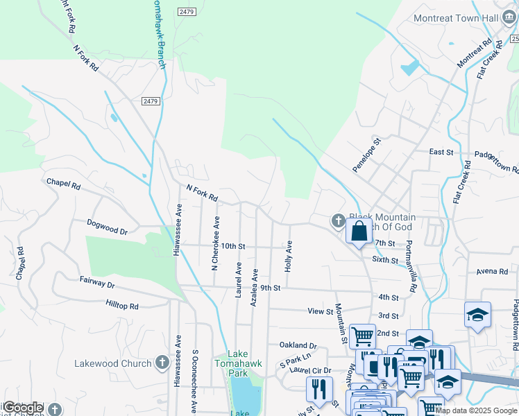 map of restaurants, bars, coffee shops, grocery stores, and more near 819 Rhododendron Avenue in Black Mountain
