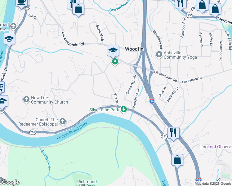 map of restaurants, bars, coffee shops, grocery stores, and more near 7 Vine Street in Woodfin