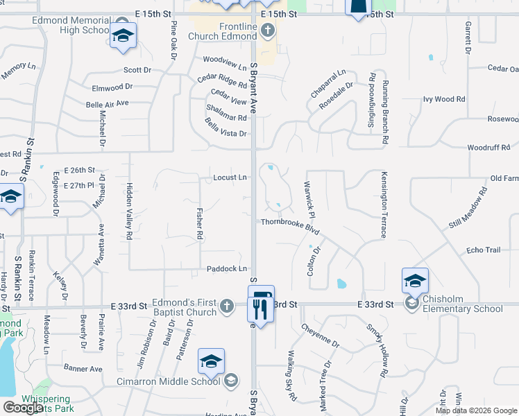 map of restaurants, bars, coffee shops, grocery stores, and more near 1508 Inwood Circle in Edmond