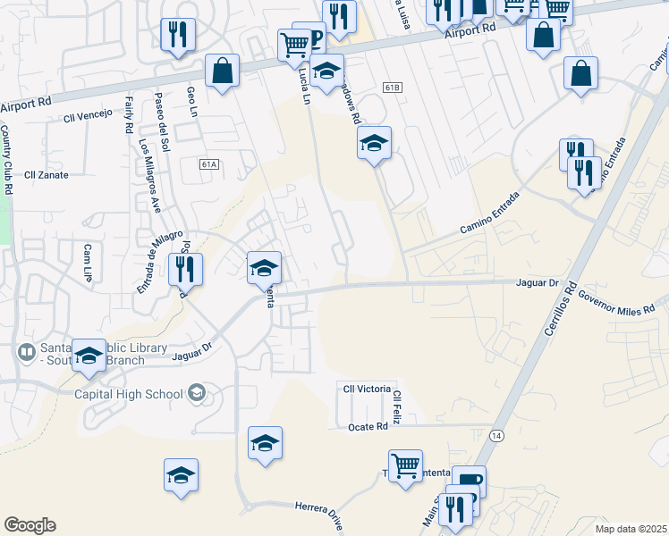 map of restaurants, bars, coffee shops, grocery stores, and more near 4368 Village Loop in Santa Fe