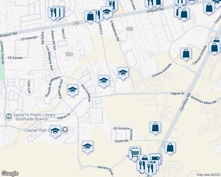 map of restaurants, bars, coffee shops, grocery stores, and more near 4368 Village Loop in Santa Fe