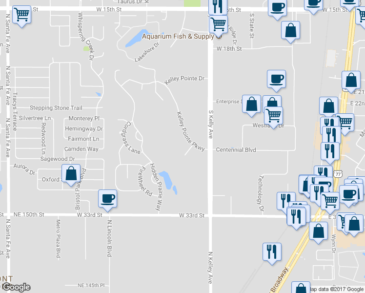 map of restaurants, bars, coffee shops, grocery stores, and more near 2601 Kelley Pointe Parkway in Edmond