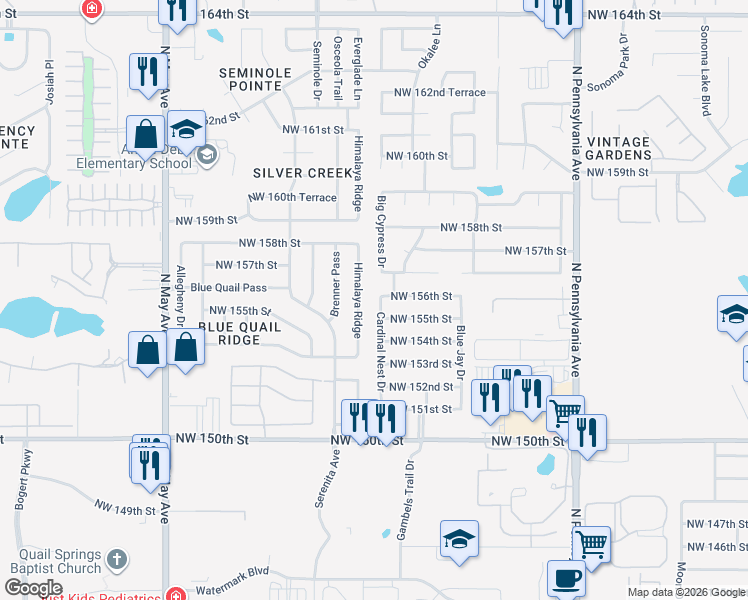map of restaurants, bars, coffee shops, grocery stores, and more near 15617 Cardinal Nest Drive in Edmond