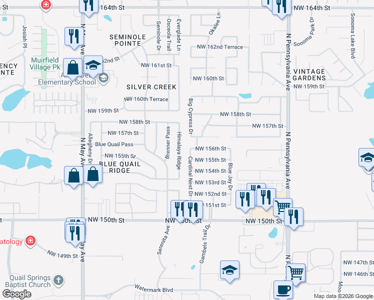 map of restaurants, bars, coffee shops, grocery stores, and more near 15608 Himalaya Ridge in Edmond