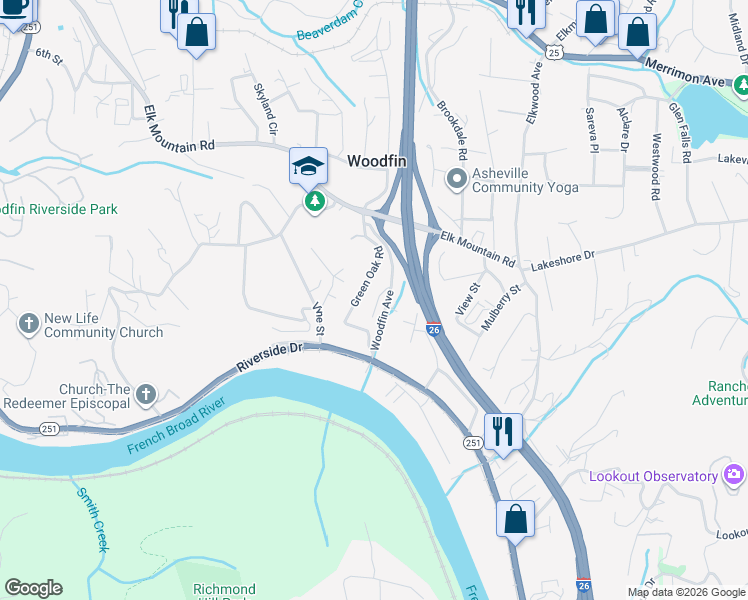map of restaurants, bars, coffee shops, grocery stores, and more near 17 Terrace Court in Asheville