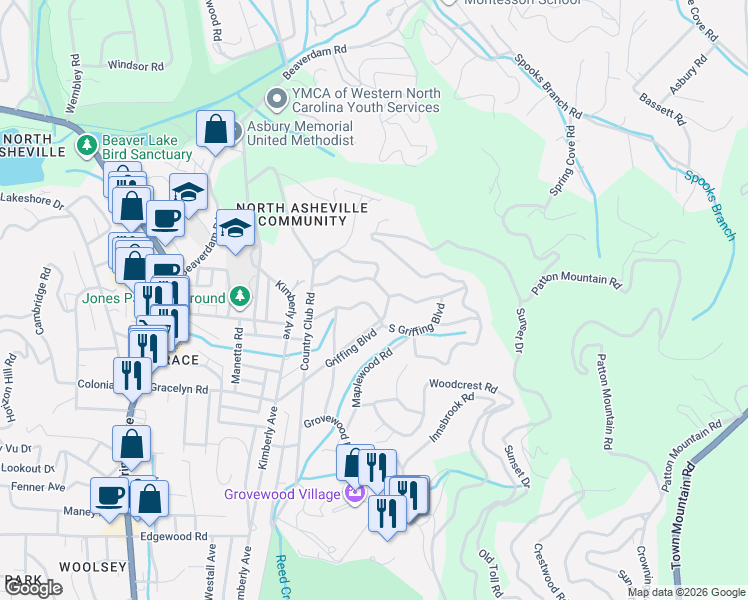 map of restaurants, bars, coffee shops, grocery stores, and more near 27 Griffing Boulevard in Asheville