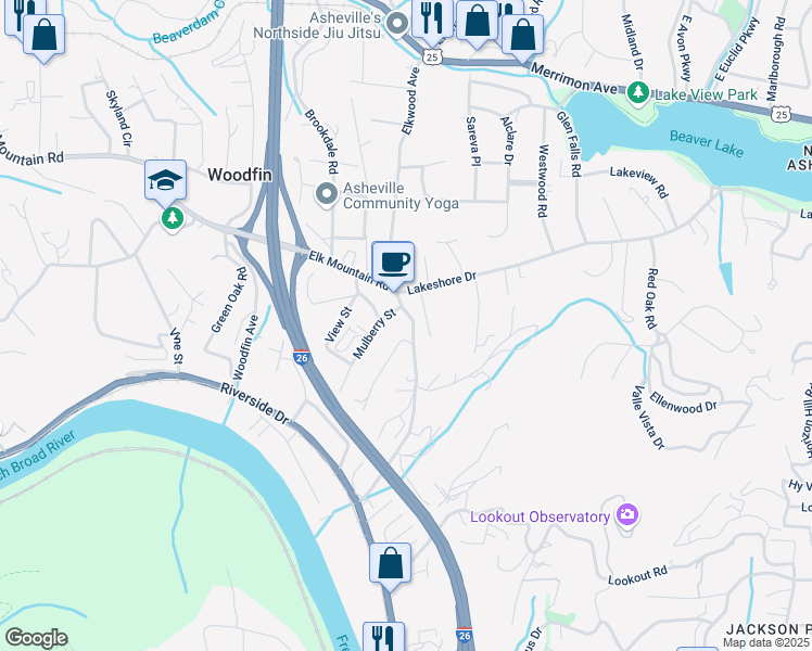 map of restaurants, bars, coffee shops, grocery stores, and more near 16 Cherry Lane in Asheville