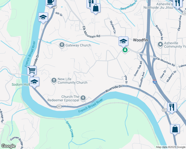 map of restaurants, bars, coffee shops, grocery stores, and more near 16 Starry Night Drive in Asheville