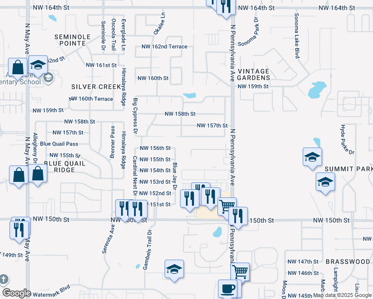 map of restaurants, bars, coffee shops, grocery stores, and more near 15600 Blue Jay Drive in Edmond