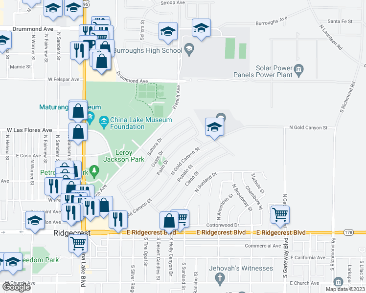 map of restaurants, bars, coffee shops, grocery stores, and more near 440 Palm Drive in Ridgecrest