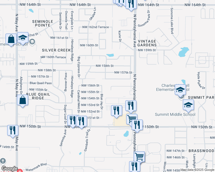 map of restaurants, bars, coffee shops, grocery stores, and more near 15401 North Pennsylvania Avenue in Edmond
