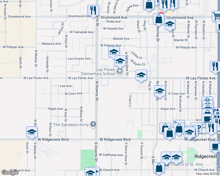 map of restaurants, bars, coffee shops, grocery stores, and more near 801 Emma Way in Ridgecrest