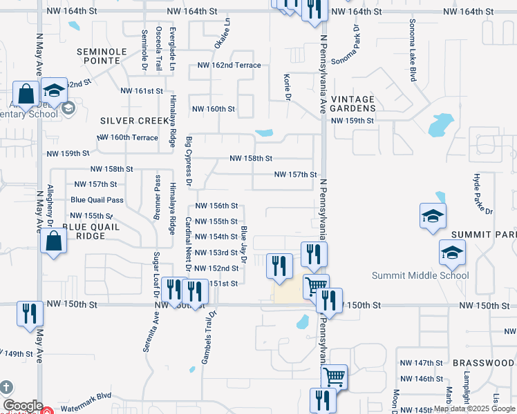 map of restaurants, bars, coffee shops, grocery stores, and more near 15401 North Pennsylvania Avenue in Edmond