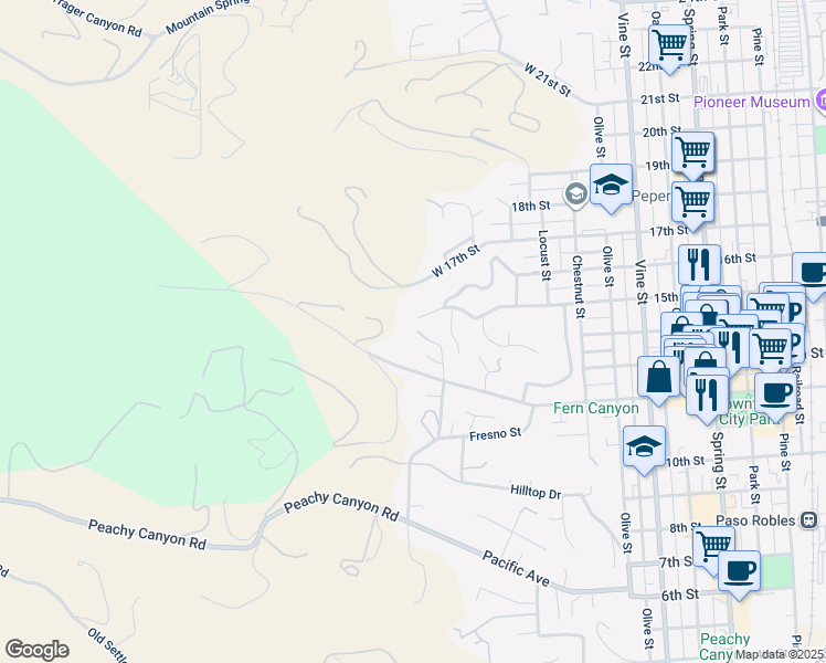 map of restaurants, bars, coffee shops, grocery stores, and more near 5 12th Street in Paso Robles