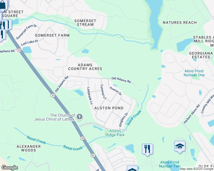 map of restaurants, bars, coffee shops, grocery stores, and more near 2673 Averon Drive in Holly Springs