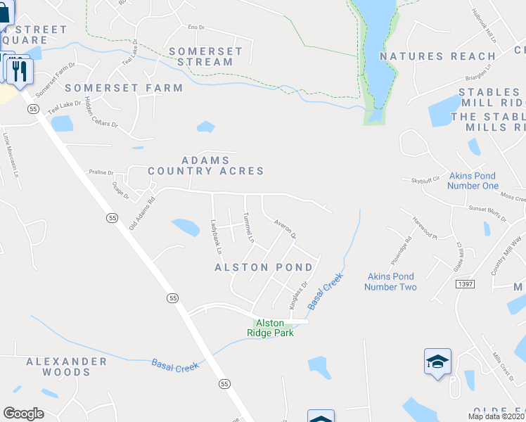 map of restaurants, bars, coffee shops, grocery stores, and more near 2685 Averon Drive in Holly Springs