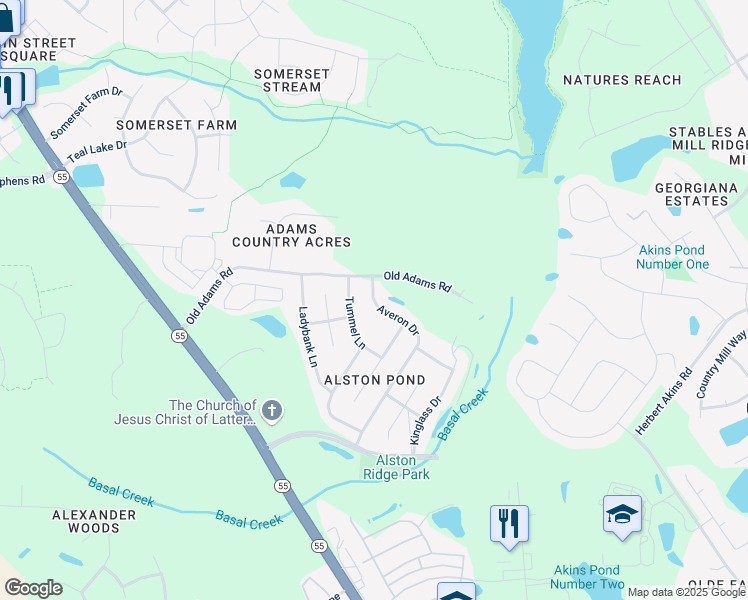 map of restaurants, bars, coffee shops, grocery stores, and more near 2677 Averon Drive in Holly Springs