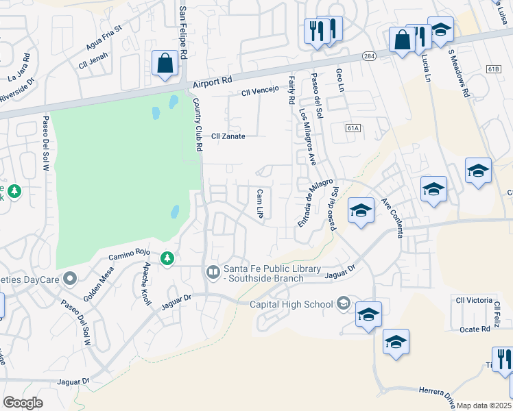map of restaurants, bars, coffee shops, grocery stores, and more near 4333 Camino Lila in Santa Fe
