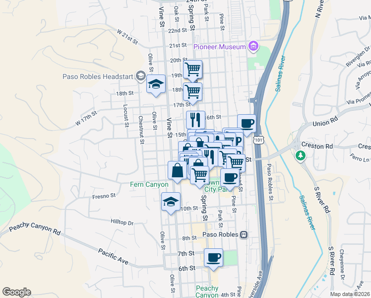 map of restaurants, bars, coffee shops, grocery stores, and more near 1301 Oak Street in Paso Robles