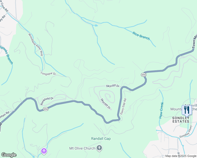 map of restaurants, bars, coffee shops, grocery stores, and more near 55 Skycliff Drive in Asheville