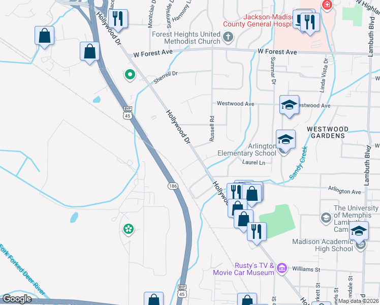 map of restaurants, bars, coffee shops, grocery stores, and more near 1160 Hollywood Drive in Jackson