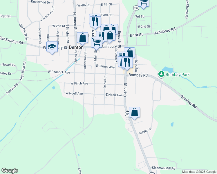 map of restaurants, bars, coffee shops, grocery stores, and more near 156 East Noell Avenue in Denton