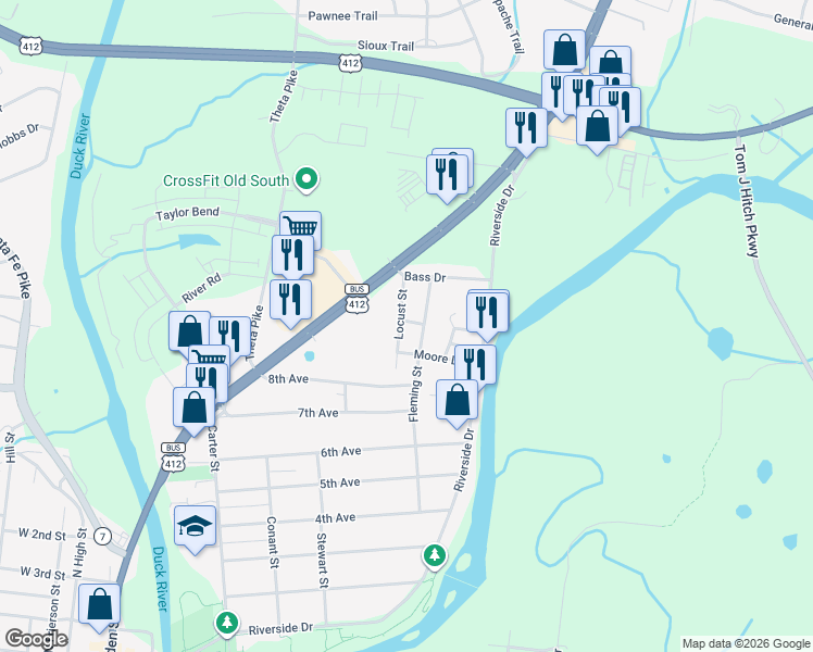 map of restaurants, bars, coffee shops, grocery stores, and more near 901 Locust Street in Columbia