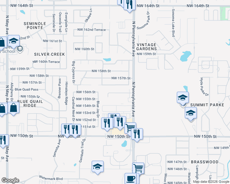 map of restaurants, bars, coffee shops, grocery stores, and more near 2210 Northwest 155th Street in Edmond