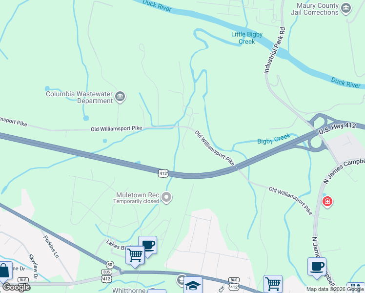 map of restaurants, bars, coffee shops, grocery stores, and more near 1089 Old Williamsport Pike in Columbia