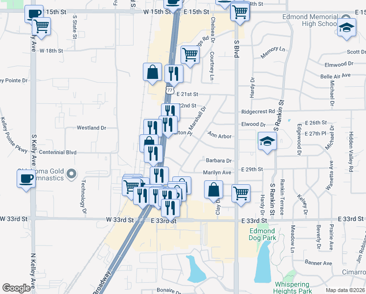 map of restaurants, bars, coffee shops, grocery stores, and more near 2420 Marshall Drive in Edmond