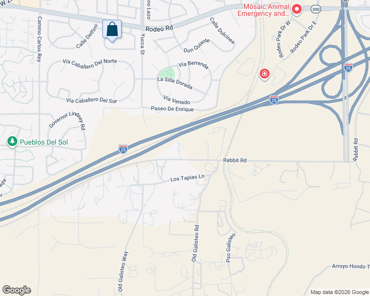 map of restaurants, bars, coffee shops, grocery stores, and more near 270 Rabbit Road in Santa Fe
