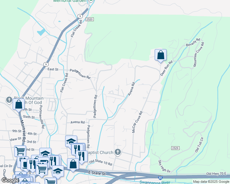 map of restaurants, bars, coffee shops, grocery stores, and more near 117 Blueview Drive in Black Mountain