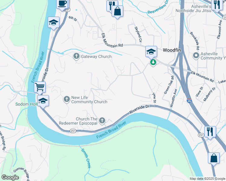 map of restaurants, bars, coffee shops, grocery stores, and more near 12 Starry Night Drive in Asheville