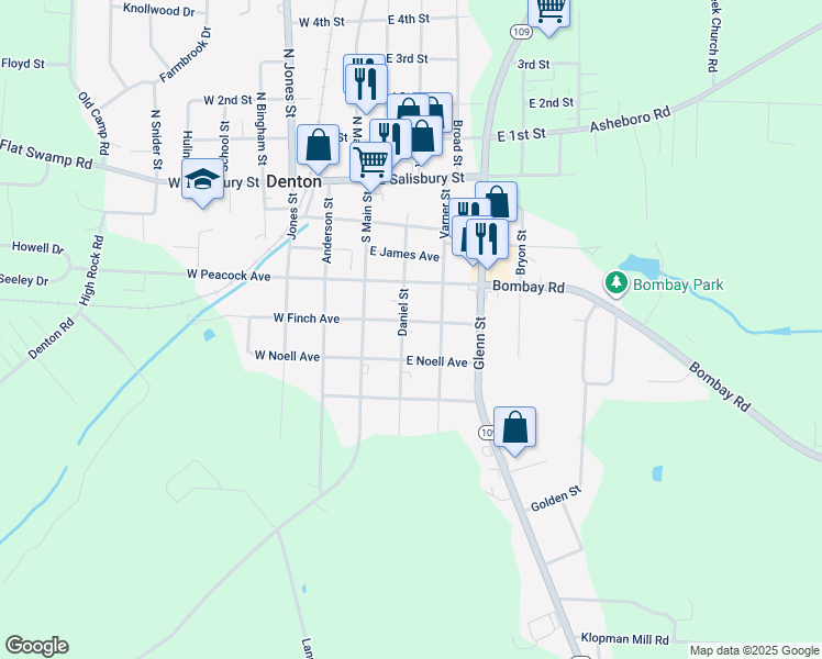 map of restaurants, bars, coffee shops, grocery stores, and more near 337 Daniel Street in Denton