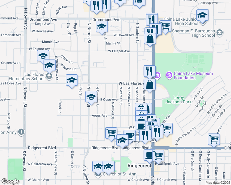 map of restaurants, bars, coffee shops, grocery stores, and more near 436 North Alvord Street in Ridgecrest
