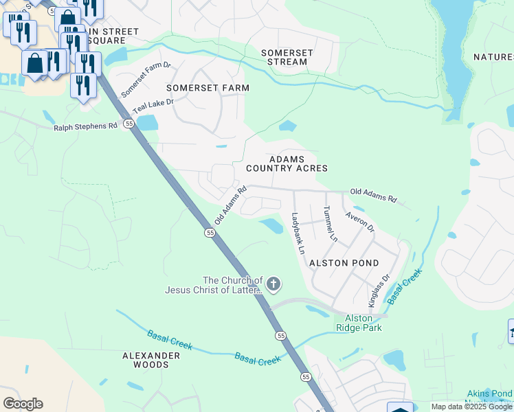 map of restaurants, bars, coffee shops, grocery stores, and more near 5201 Old Adams Road in Holly Springs