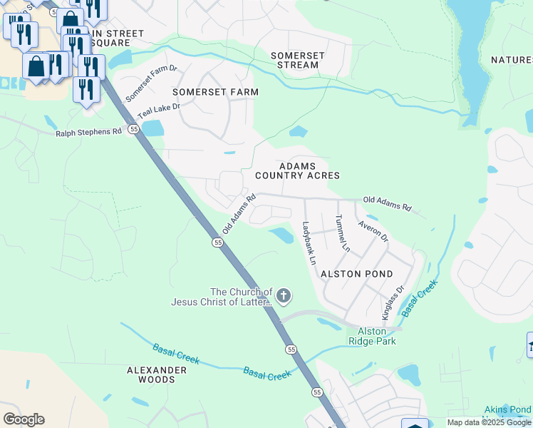 map of restaurants, bars, coffee shops, grocery stores, and more near 5201 Old Adams Road in Holly Springs