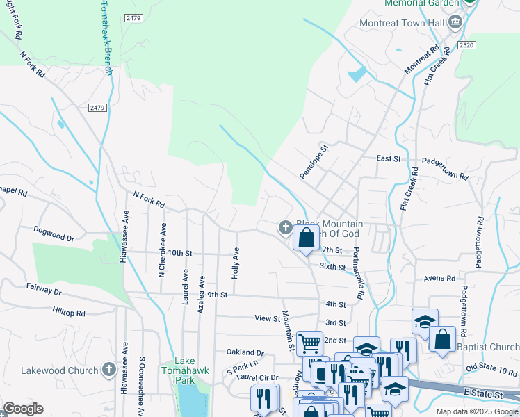map of restaurants, bars, coffee shops, grocery stores, and more near 360 Genesis Circle in Black Mountain