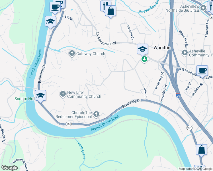 map of restaurants, bars, coffee shops, grocery stores, and more near 12 Starry Night Drive in Asheville