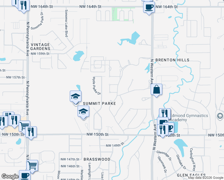 map of restaurants, bars, coffee shops, grocery stores, and more near 1317 Northwest 156th Terrace in Edmond