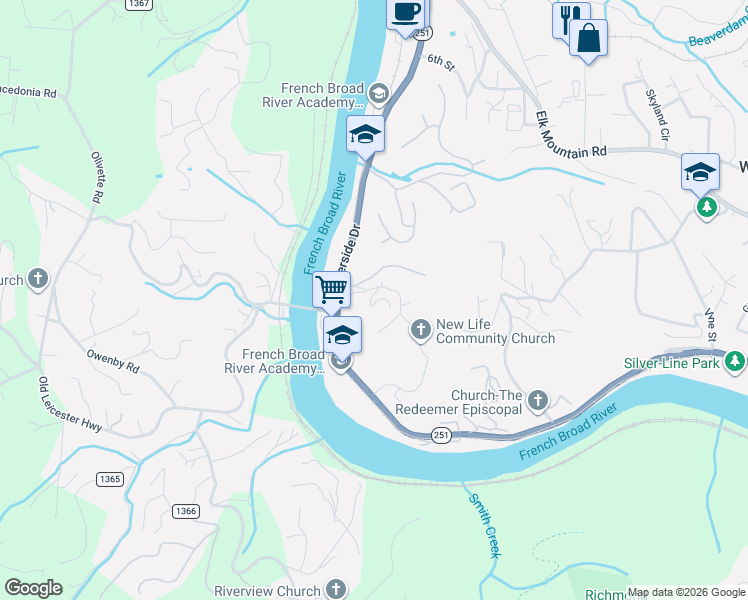map of restaurants, bars, coffee shops, grocery stores, and more near 18 West City View Drive in Woodfin