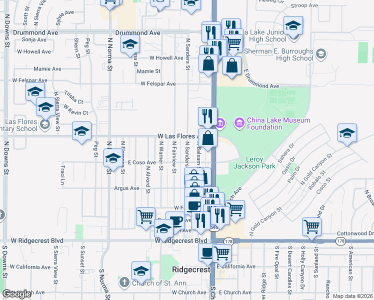 map of restaurants, bars, coffee shops, grocery stores, and more near 419 North Sanders Street in Ridgecrest