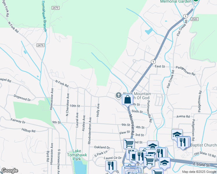 map of restaurants, bars, coffee shops, grocery stores, and more near 360 Genesis Circle in Black Mountain