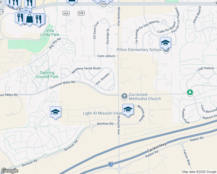 map of restaurants, bars, coffee shops, grocery stores, and more near 4224 Plaza Sonata in Santa Fe