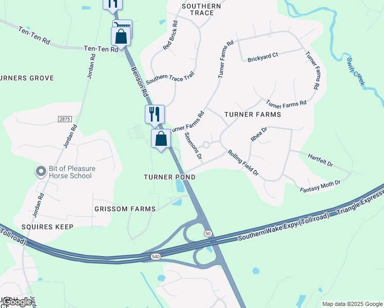 map of restaurants, bars, coffee shops, grocery stores, and more near 5509 Simmons Drive in Garner