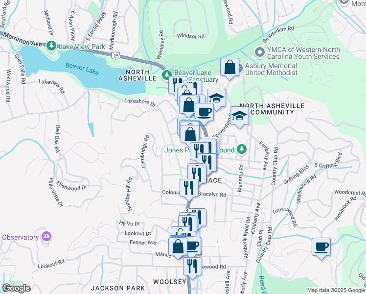 map of restaurants, bars, coffee shops, grocery stores, and more near 83 Lakeshore Drive in Asheville