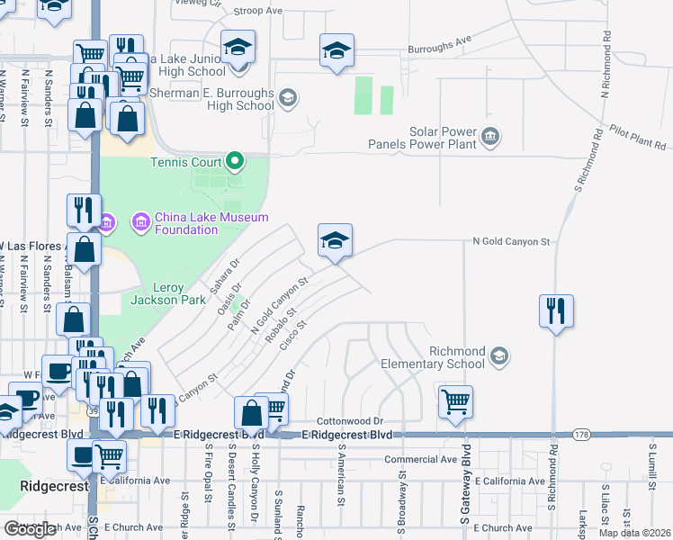 map of restaurants, bars, coffee shops, grocery stores, and more near 674 North Gold Canyon Street in Ridgecrest